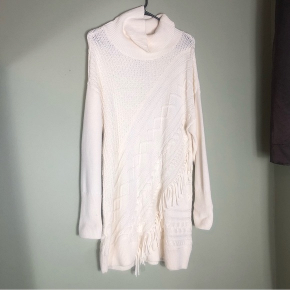 Sz 2 Cream Cable Knit Tunic Sweater Fringe Chico’s - Picture 2 of 5